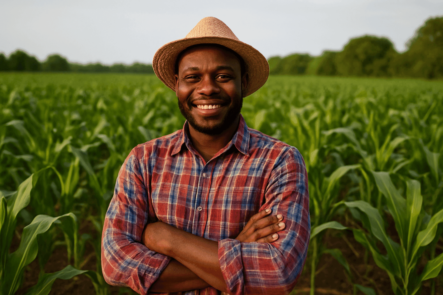A local farmer smiling in a field